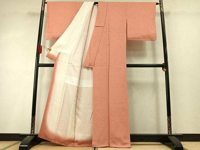 平和屋着物●上質な色無地　寿光織　枝花地紋　曙色　反端付き　正絹　逸品　AABL8413fy