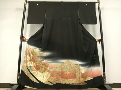 平和屋着物●豪華黒留袖　作家物　地紙花文　金彩　正絹　逸品　AABL8416fy