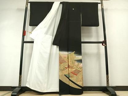 平和屋着物●豪華黒留袖　作家物　地紙花文　金彩　正絹　逸品　AABL8416fy