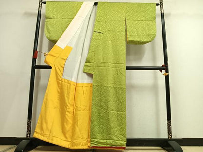 平和屋着物●上質な色無地　花唐草地紋　若苗色　正絹　逸品　AABL8436fy