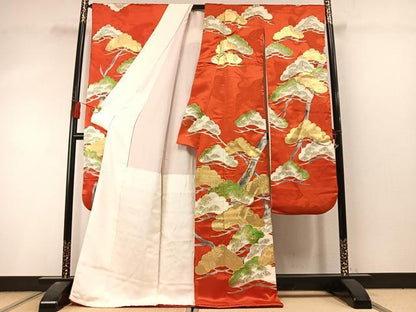平和屋着物●豪華振袖　駒刺繍　枝松文　金糸　金彩　正絹　逸品　AABL8437fy