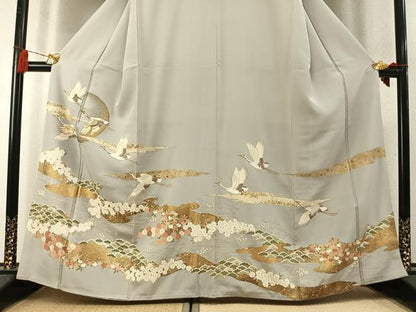 平和屋着物●豪華色留袖　駒刺繍　飛鶴花文　金彩　正絹　逸品　未使用　AABL8438fy