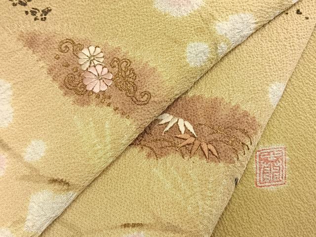 平和屋着物●十日町　名門　滝泰謹製　訪問着　絞り　刺繍　扇面花文　暈し染め　金糸　金彩　正絹　逸品　AABL8452fy