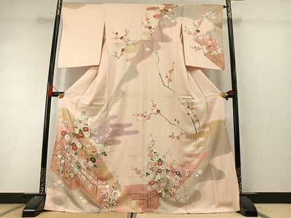平和屋着物●訪問着　駒刺繍　草花文　金彩　ロング丈　正絹　逸品　AABL8453fy
