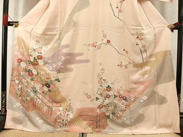 平和屋着物●訪問着　駒刺繍　草花文　金彩　ロング丈　正絹　逸品　AABL8453fy