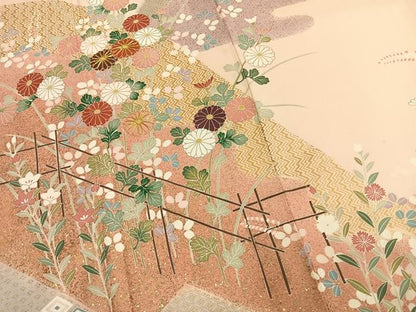平和屋着物●訪問着　駒刺繍　草花文　金彩　ロング丈　正絹　逸品　AABL8453fy