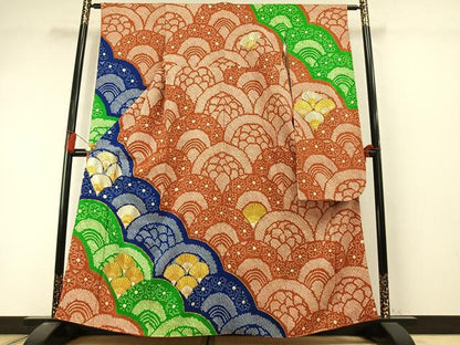 平和屋着物●豪華振袖　総絞り　駒刺繍　扇花文　金銀糸　正絹　逸品　AABL8462fy