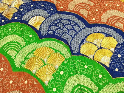 平和屋着物●豪華振袖　総絞り　駒刺繍　扇花文　金銀糸　正絹　逸品　AABL8462fy