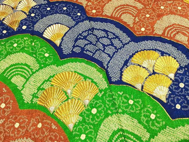 平和屋着物●豪華振袖　総絞り　駒刺繍　扇花文　金銀糸　正絹　逸品　AABL8462fy