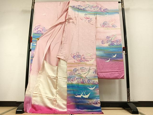 平和屋着物●写真家・秋山庄太郎　振袖　飛鳥文　暈し染め　金銀彩　仮絵羽　正絹　逸品　未使用　AABL8471fy