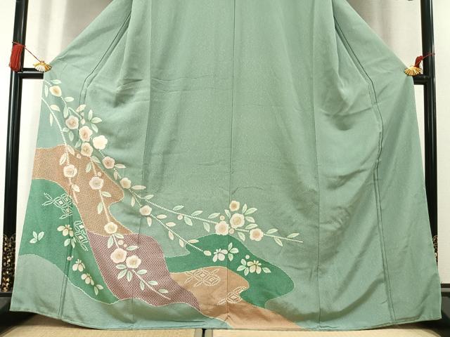 平和屋着物●中国三大刺繍　スワトウ刺繍　汕頭刺繍　相良刺繍　訪問着　草花文　金糸　正絹　逸品　未使用　AABL8478fy