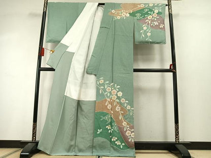 平和屋着物●中国三大刺繍　スワトウ刺繍　汕頭刺繍　相良刺繍　訪問着　草花文　金糸　正絹　逸品　未使用　AABL8478fy