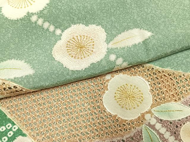 平和屋着物●中国三大刺繍　スワトウ刺繍　汕頭刺繍　相良刺繍　訪問着　草花文　金糸　正絹　逸品　未使用　AABL8478fy