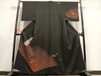 平和屋着物●染色作家　青木龍雲　訪問着　孔雀　暈し染め　黒地　金彩　正絹　逸品　AABL8489fy