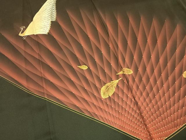 平和屋着物●染色作家　青木龍雲　訪問着　孔雀　暈し染め　黒地　金彩　正絹　逸品　AABL8489fy