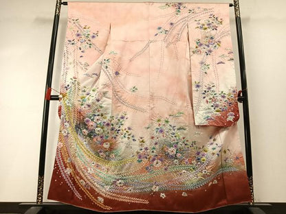 平和屋着物●伯河貞雄　振袖　絞り　辻が花　舞蝶文　暈し染め　銀通し地　正絹　逸品　AABL8501fy