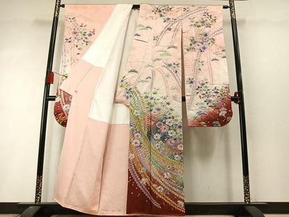 平和屋着物●伯河貞雄　振袖　絞り　辻が花　舞蝶文　暈し染め　銀通し地　正絹　逸品　AABL8501fy