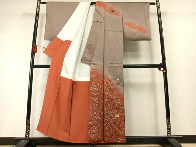 平和屋着物●訪問着　刺繍　草花文　暈し染め　金糸　金銀彩　正絹　逸品　AABL8504fy