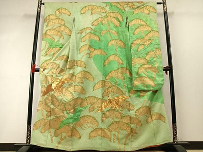 平和屋着物●豪華振袖　総絞り　駒刺繍　飛鶴枝松文　金彩　正絹　逸品　AABL8505fy