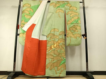 平和屋着物●豪華振袖　総絞り　駒刺繍　飛鶴枝松文　金彩　正絹　逸品　AABL8505fy