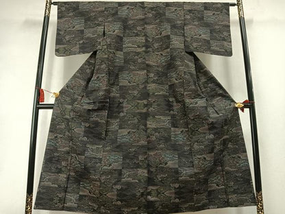平和屋着物●本場大島紬　9マルキ　色紙風景立波文　黒地　正絹　逸品　AABL8520fy