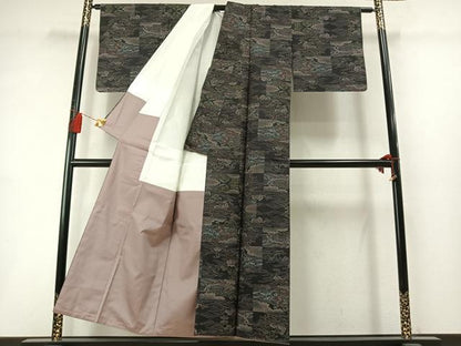 平和屋着物●本場大島紬　9マルキ　色紙風景立波文　黒地　正絹　逸品　AABL8520fy