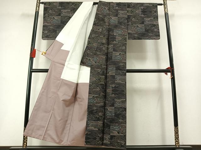 平和屋着物●本場大島紬　9マルキ　色紙風景立波文　黒地　正絹　逸品　AABL8520fy
