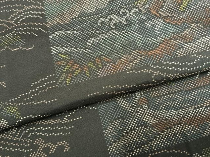 平和屋着物●本場大島紬　9マルキ　色紙風景立波文　黒地　正絹　逸品　AABL8520fy