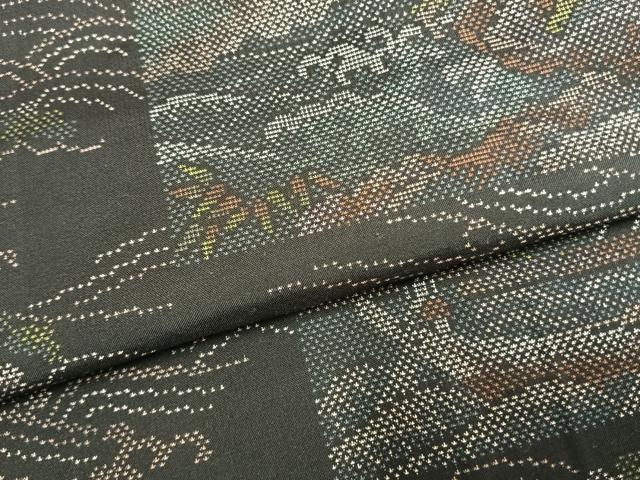 平和屋着物●本場大島紬　9マルキ　色紙風景立波文　黒地　正絹　逸品　AABL8520fy