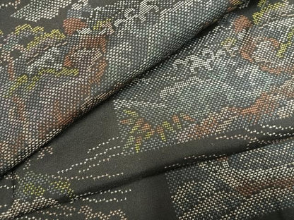 平和屋着物●本場大島紬　9マルキ　色紙風景立波文　黒地　正絹　逸品　AABL8520fy
