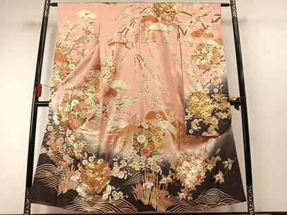 平和屋着物●豪華振袖　枝松梅花文　暈し染め　金彩　正絹　逸品　AABL8538fy