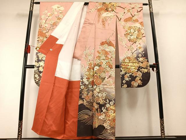 平和屋着物●豪華振袖　枝松梅花文　暈し染め　金彩　正絹　逸品　AABL8538fy