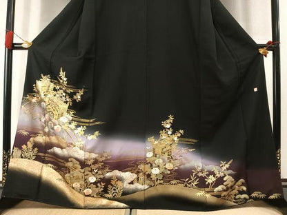 平和屋着物●豪華黒留袖　作家物　御所車花文　暈し染め　金銀彩　正絹　逸品　AABL8549fy