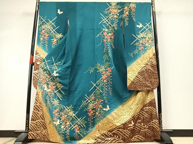 平和屋着物●豪華振袖　駒刺繍　花蝶文　暈し染め　金彩　正絹　逸品　AABL8597fy