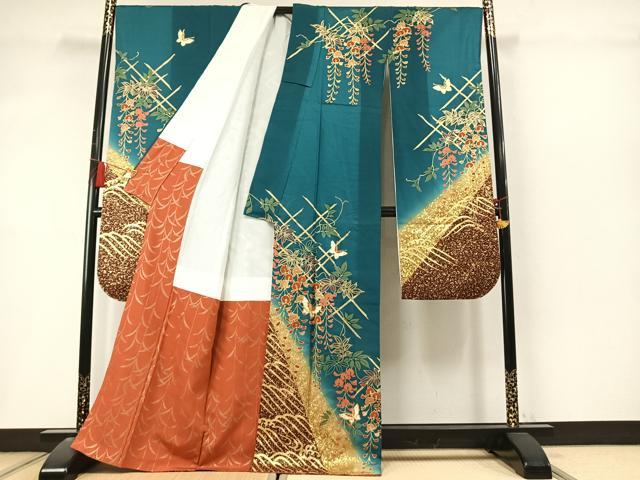 平和屋着物●豪華振袖　駒刺繍　花蝶文　暈し染め　金彩　正絹　逸品　AABL8597fy