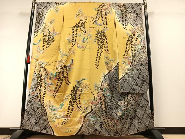 平和屋着物●豪華振袖　駒刺繍　花蝶文　暈し染め　金銀彩　正絹　逸品　AABL8599fy