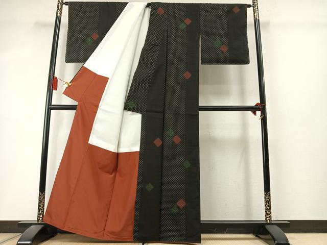 平和屋着物●本場大島紬　泥染　菱文　黒地　福原大島紬工場謹製　証紙付き　正絹　逸品　未使用　AABL8601fy