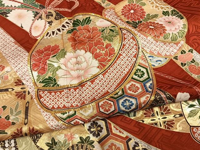 平和屋着物●豪華振袖　作家物　駒刺繍　鈴熨斗花文　金彩　正絹　逸品　AABL8604fy