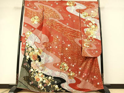 平和屋着物●豪華振袖　絞り　駒刺繍　草花文　金彩　正絹　逸品　AABL8605fy