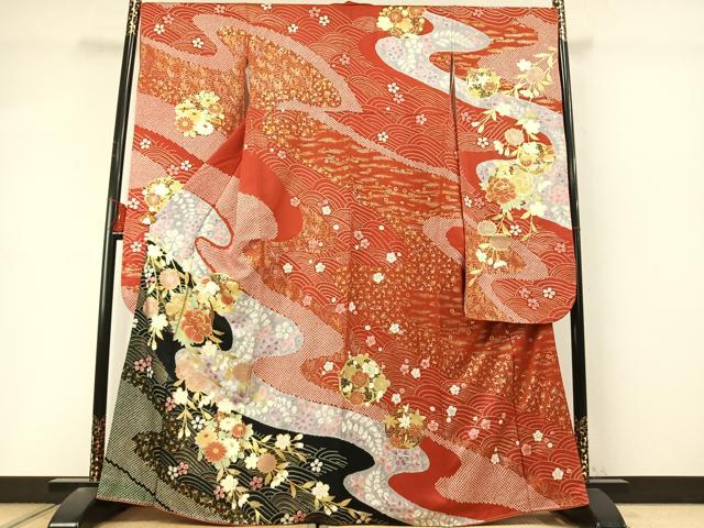 平和屋着物●豪華振袖　絞り　駒刺繍　草花文　金彩　正絹　逸品　AABL8605fy