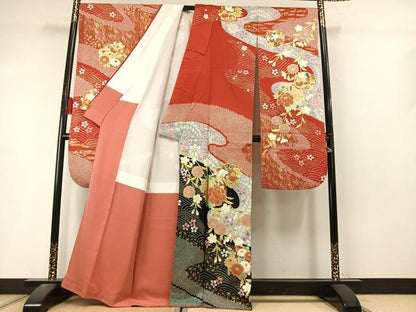 平和屋着物●豪華振袖　絞り　駒刺繍　草花文　金彩　正絹　逸品　AABL8605fy