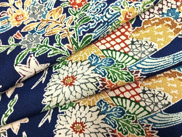 平和屋着物●上質な小紋　型染め　扇面花文　鬼しぼ縮緬　正絹　逸品　AABL8615fy