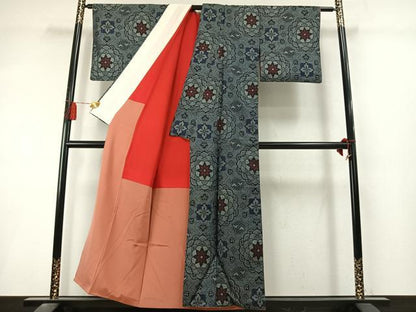 平和屋着物●本場大島紬　アンティーク大島　割り込み絣　吉祥花文　正絹　逸品　AABL8626fy