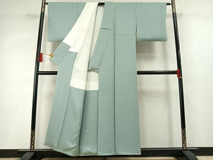 平和屋着物●京加賀友禅　百貫達雄　色無地　草花地紋　錆青磁色　東武百貨店扱い　正絹　逸品　AABL8674fy