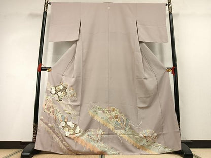 平和屋着物●豪華色留袖　駒刺繍　扇面花鳥文　金彩　正絹　逸品　未使用　AABL8678fy