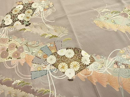 平和屋着物●豪華色留袖　駒刺繍　扇面花鳥文　金彩　正絹　逸品　未使用　AABL8678fy
