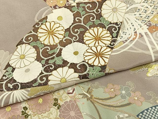 平和屋着物●豪華色留袖　駒刺繍　扇面花鳥文　金彩　正絹　逸品　未使用　AABL8678fy