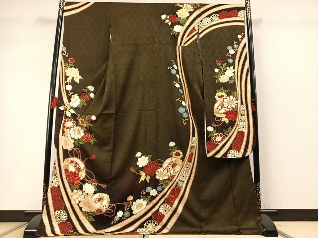 平和屋着物●豪華振袖　絞り　駒刺繍　草花文　ロング丈　正絹　逸品　AABL8695fy