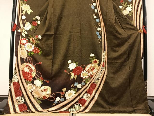 平和屋着物●豪華振袖　絞り　駒刺繍　草花文　ロング丈　正絹　逸品　AABL8695fy