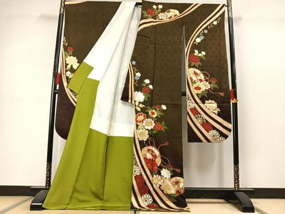 平和屋着物●豪華振袖　絞り　駒刺繍　草花文　ロング丈　正絹　逸品　AABL8695fy